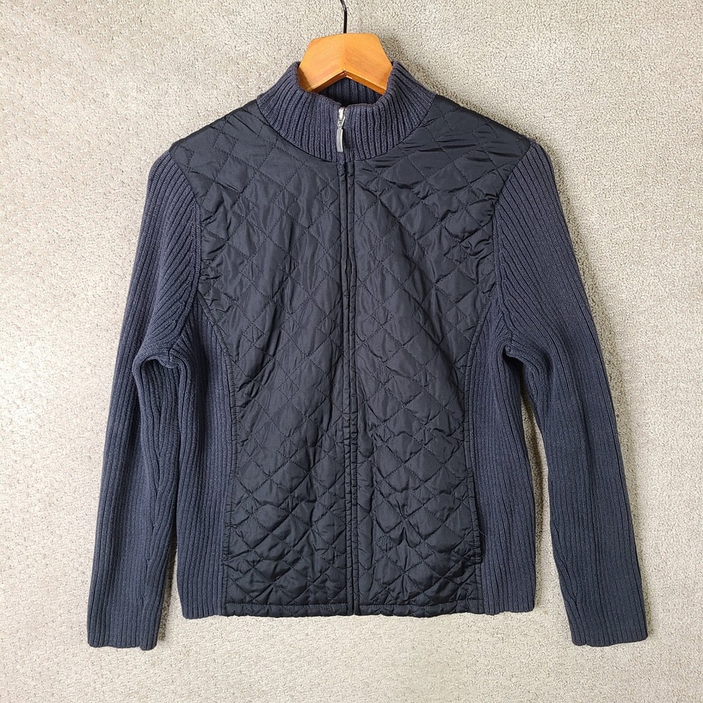Croft & Barrow Sweater Womens Large Black Blue Full Zip Quilted Cotton Casual